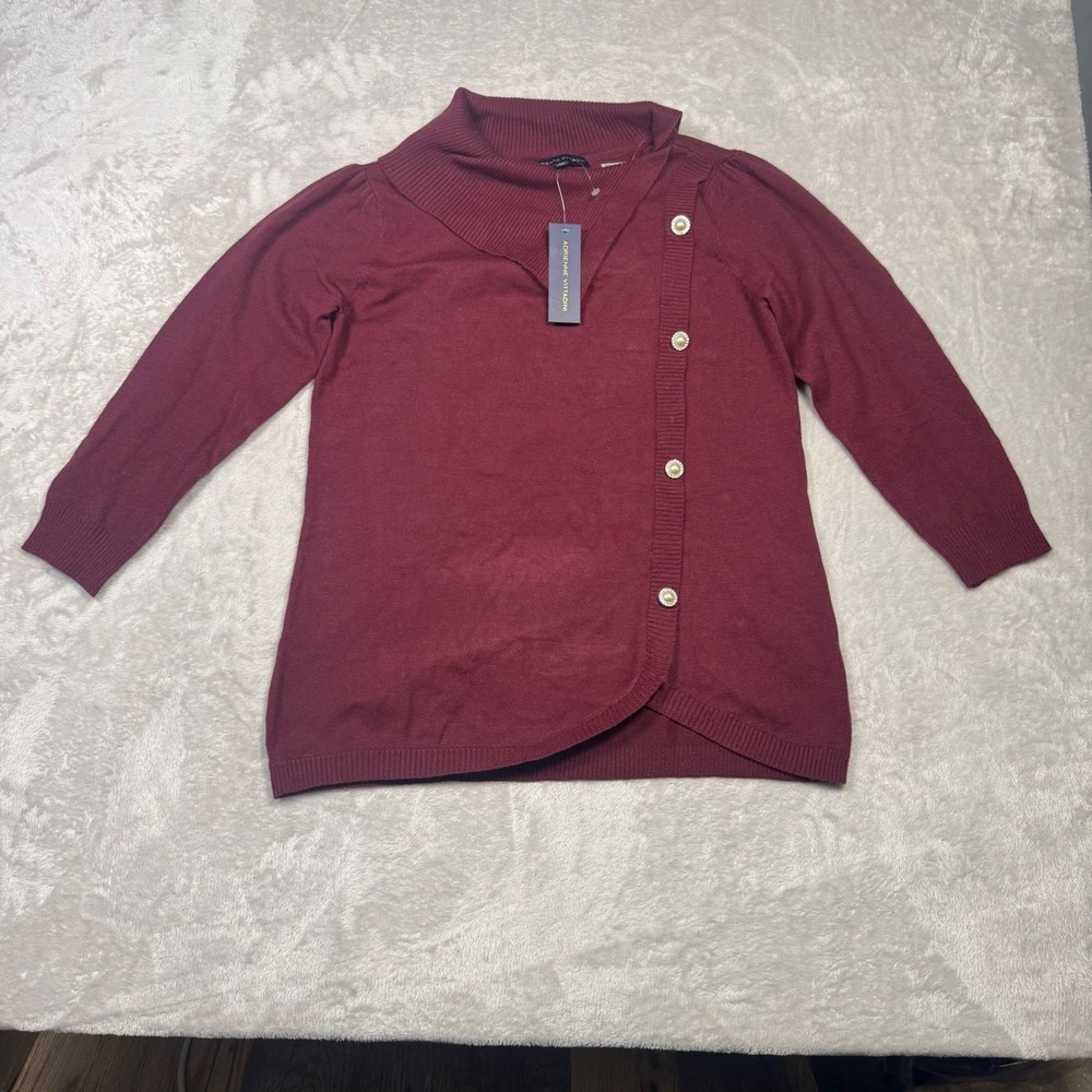 NWT Adrienne Vittadini Women Burgundy Knit Button Sweater Size S 3/4 Sleeve Soft
